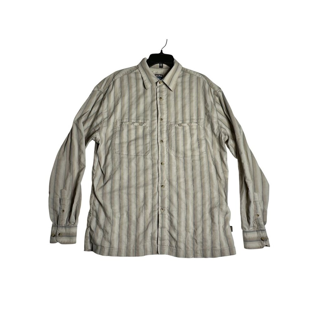 Kuhl Shirt Button Up Tan Stripe L/S Outdoors Hiking Pockets Mens 2XL XXL‎